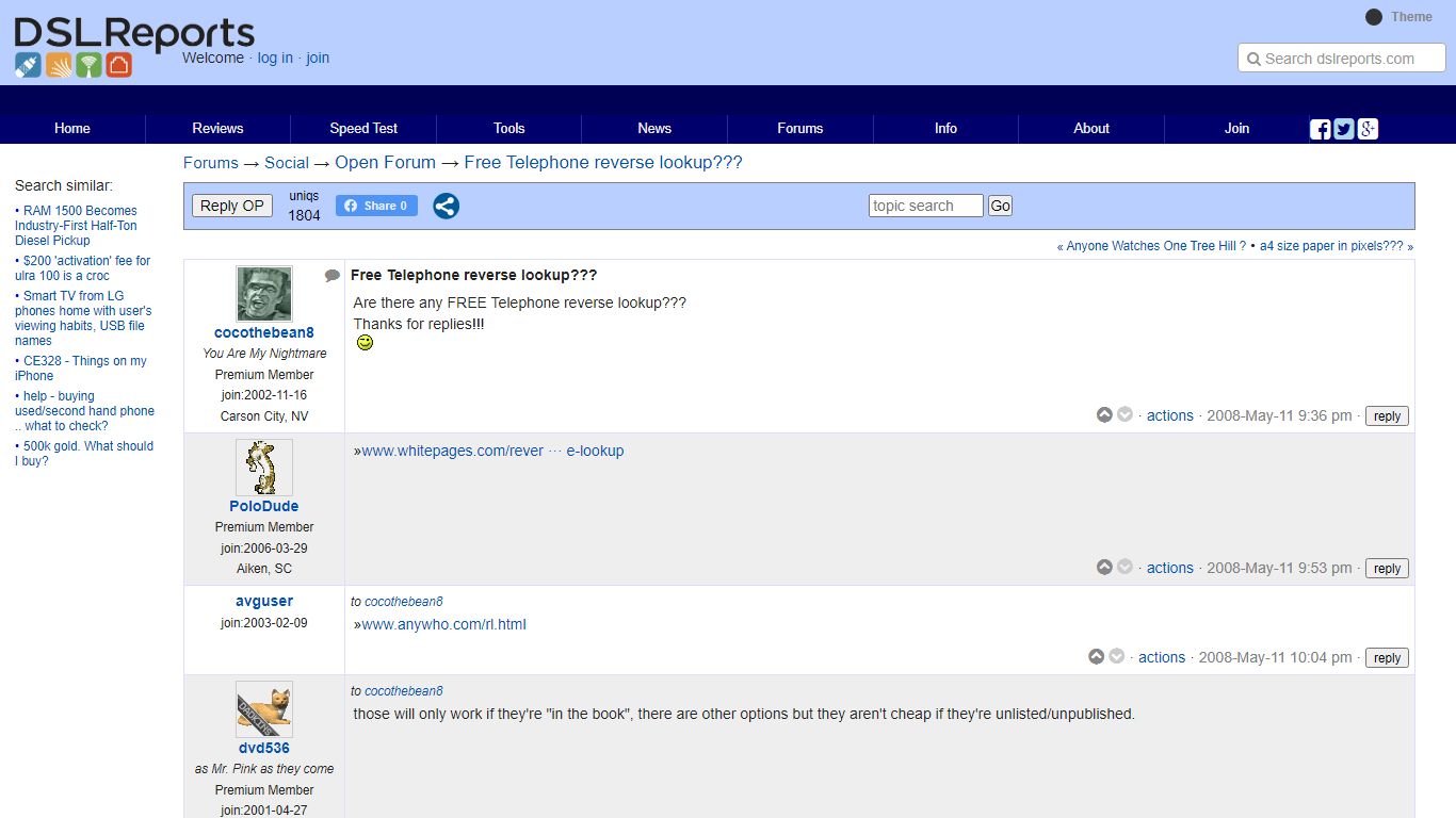 Free Telephone reverse lookup??? - Open Forum | DSLReports Forums