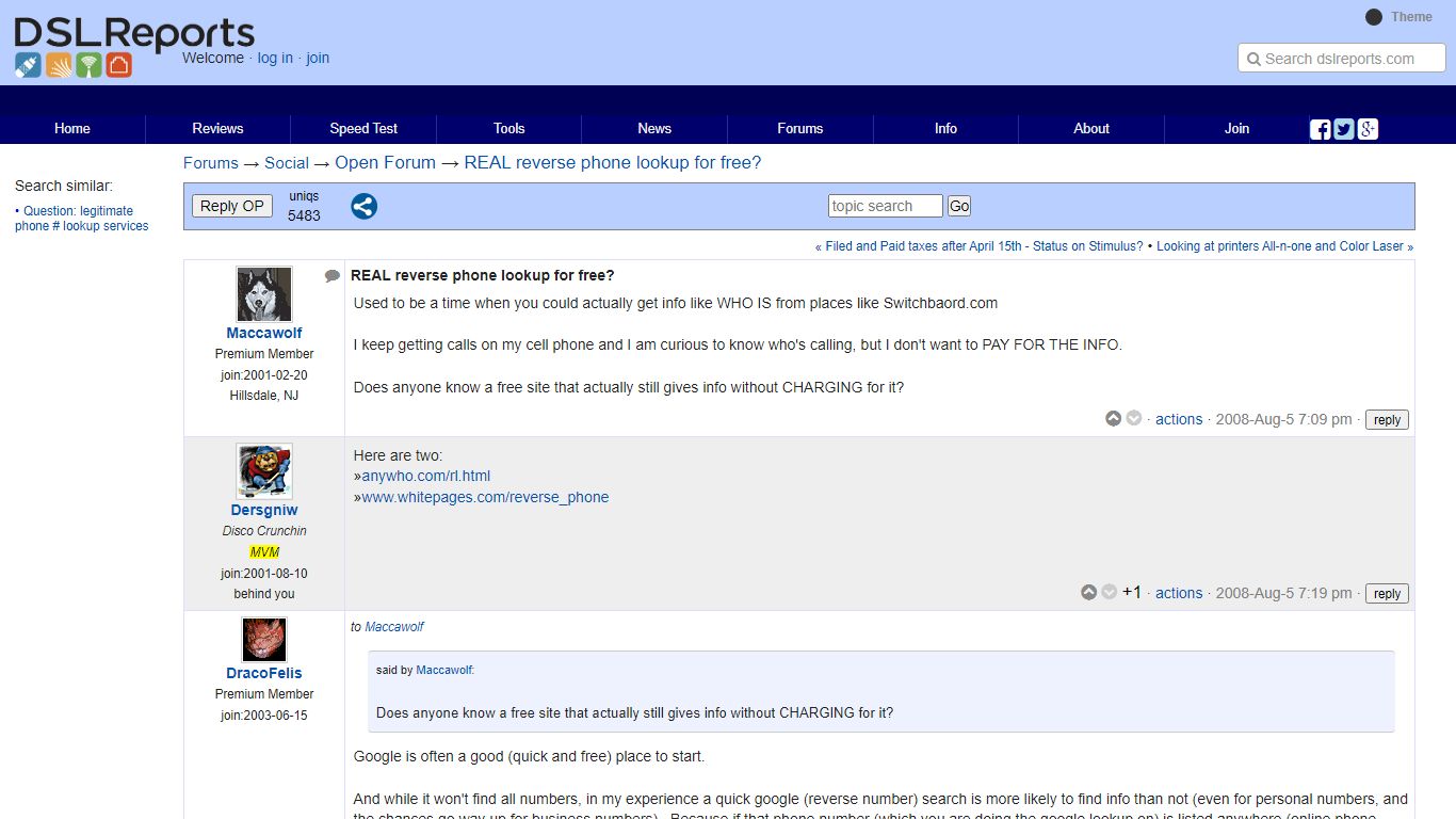 REAL reverse phone lookup for free? - Open Forum - DSL Reports